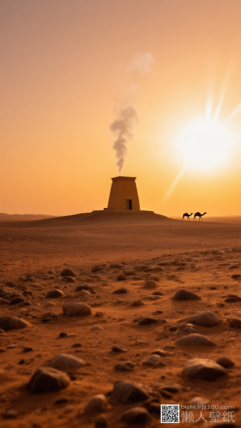 大漠孤烟直诗意风景壁纸-jimeng-2025-11-27-8927-广袤干旱的戈壁沙漠，夕阳。沙粒粗糙，夹杂着小石子。远处可见古代烽火台或瞭望塔模糊....png