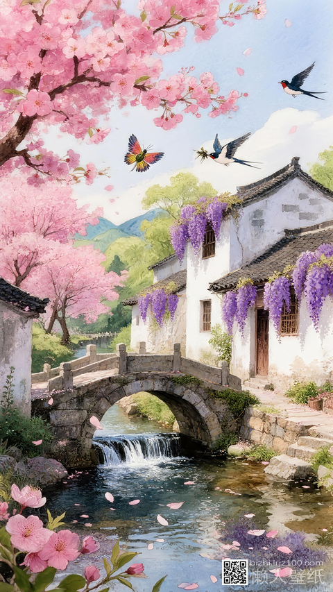 小桥流水人家诗意风景壁纸-jimeng-2025-11-27-3855-春日“小桥流水人家”。一座小石桥横跨在潺潺溪流之上，周围环绕着盛开的鲜艳粉色樱花....png